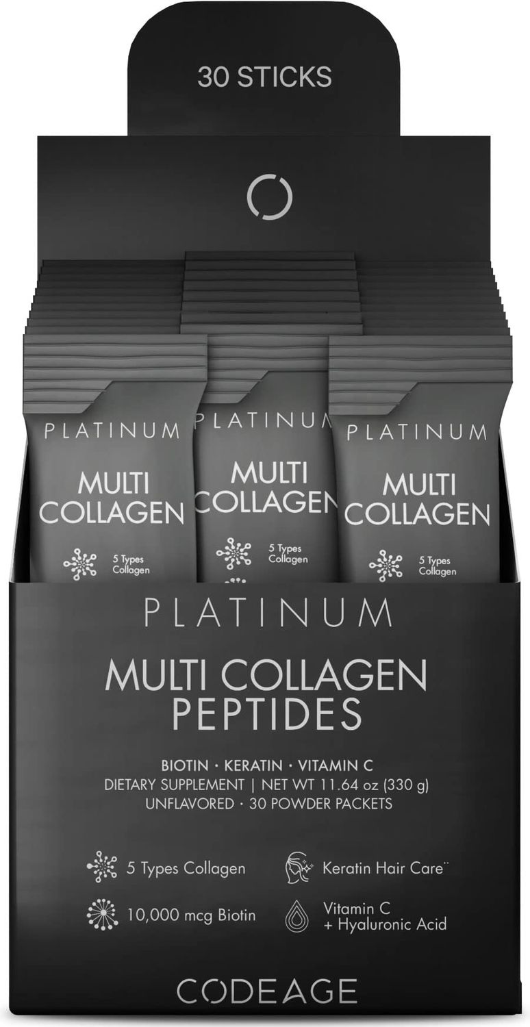 Codeage Multi Collagen and Biotin 10,000 mcg  Vitamin C, B6 &amp; D3, Keratin, Hyaluronic Acid, Niacin, 18 Amino Acids - Stick Packs Supplement - 5 Types Collagen Protein - 30 Powder Packets