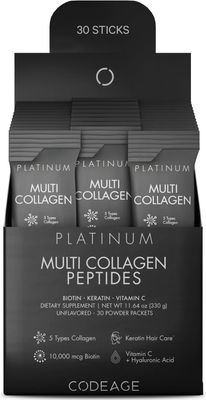 Codeage Multi Collagen and Biotin 10,000 mcg  Vitamin C, B6 &amp; D3, Keratin, Hyaluronic Acid, Niacin, 18 Amino Acids - Stick Packs Supplement - 5 Types Collagen Protein - 30 Powder Packets