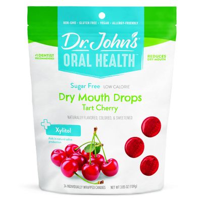 Dr. Johns Oral Health Sugar Free Candy, Healthy Dry Mouth Drops with Zero Sugar, Low Calorie Snacks, Keto Friendly Hard Candy Sweets, Tart Cherry, 24 Count, 3.85 OZ