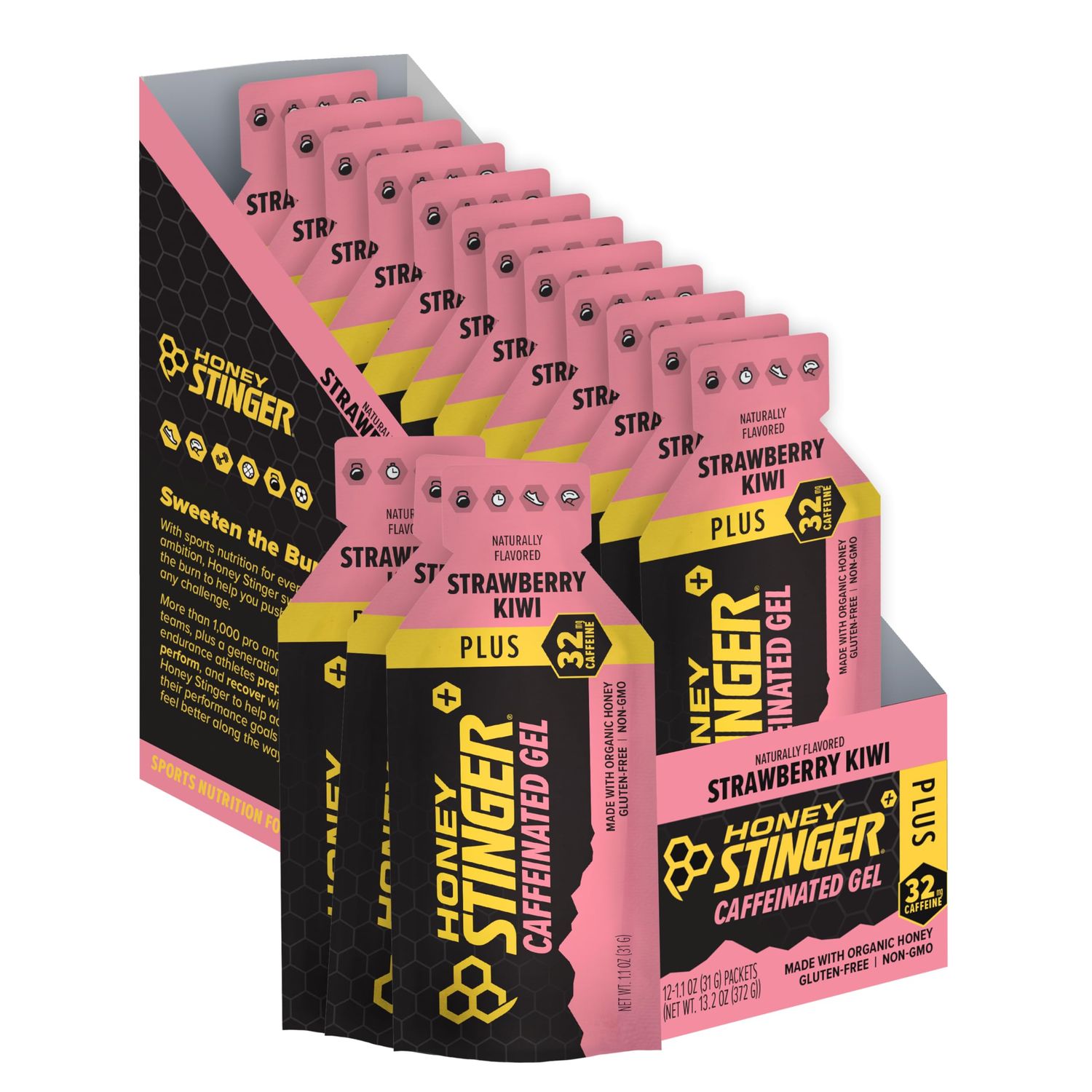 Honey Stinger Organic Strawberry Kiwi Energy Gel  Caffeinated &amp; Gluten Free  For Exercise, Running and Performance  Sports Nutrition for Home &amp; Gym, Pre and Mid Workout  12 Pack, 13.2 Ounce