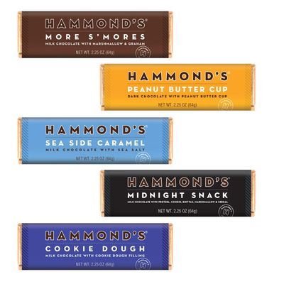 Hammond&#39;s Candies Gourmet Chocolate Variety Pack, 2.25 oz Each, Peanut Butter Cup, More S&#39;Mores, Sea Side Caramel, Midnight Snack &amp; Cookie Dough