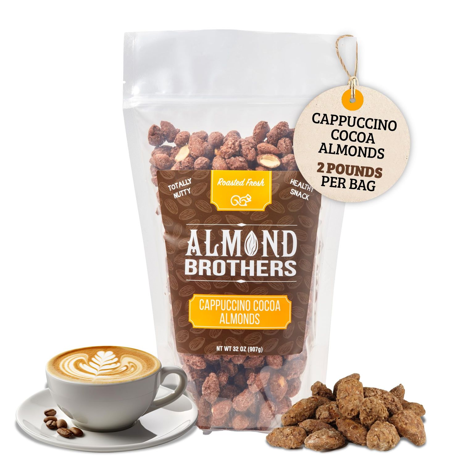 Almond Brothers Roasted Almonds - Hand Crafted Cappuccino &amp; Cocoa Almonds, Gluten-Free, Non-GMO, Candied Almonds - 2 lb Bag