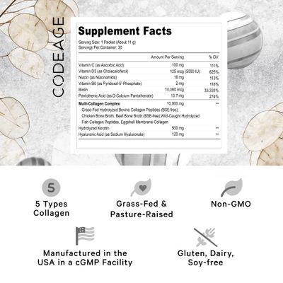 Codeage Multi Collagen and Biotin 10,000 mcg Vitamin C, B6 & D3, Keratin, Hyaluronic Acid, Niacin, 18 Amino Acids - Stick Packs Supplement - 5 Types Collagen Protein - 30 Powder Packets