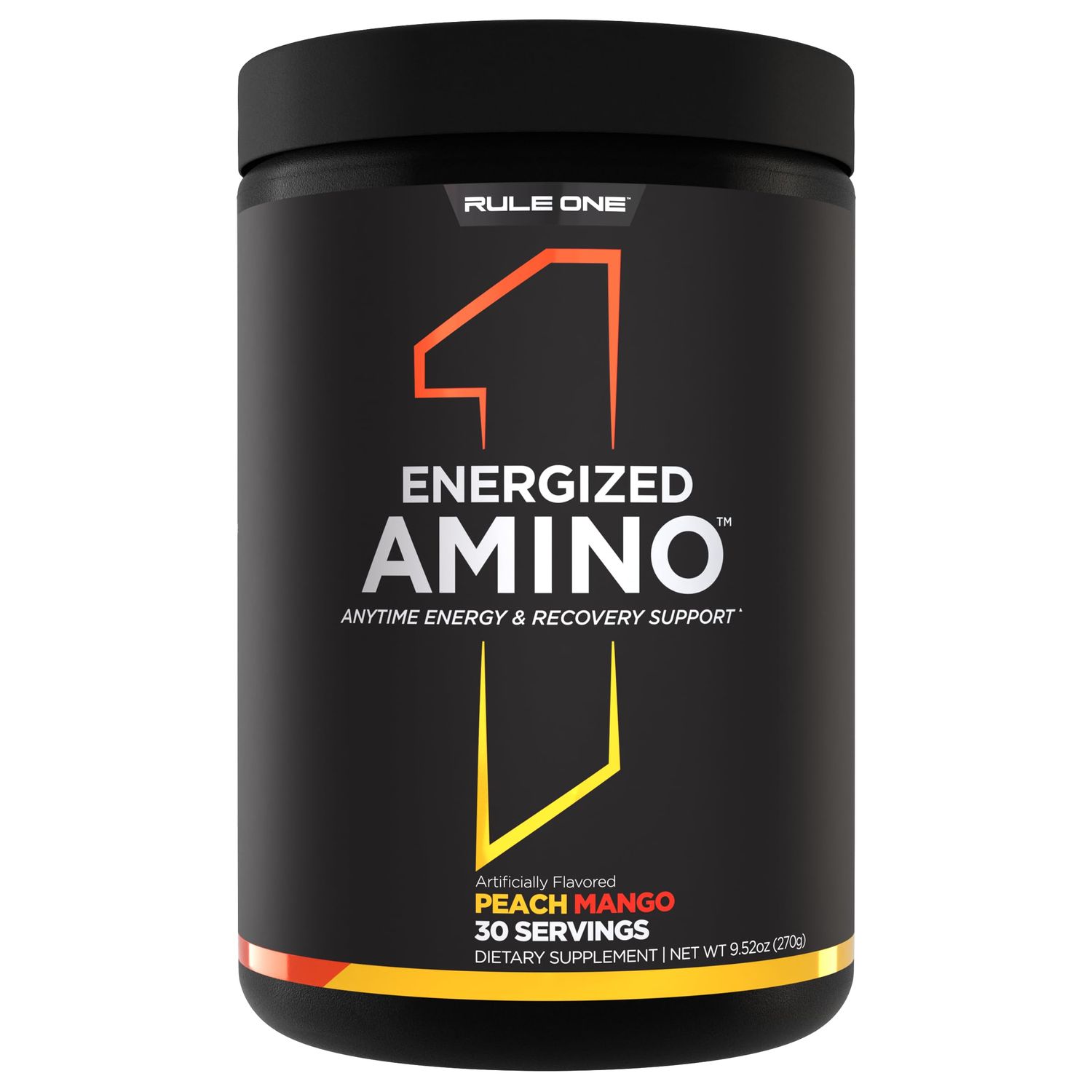 Rule 1 Energized Amino - Anytime Energy and Recovery Support with BCAAs, Glutamine, Citrulline, Beta Alanine, and Caffeine from Green Coffee &amp; Tea Leaf Extracts (30 Servings, Peach Mango)