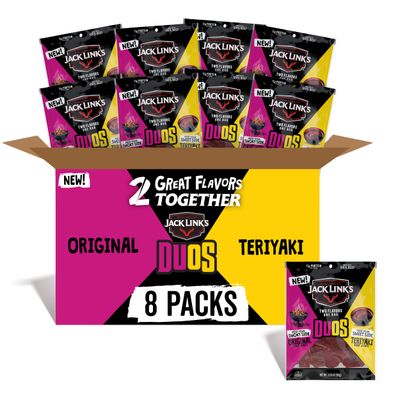 Jack Link&#39;s DUOs Original and Teriyaki Beef Jerky, Shareable Under 100 Calories Snack Packs with 11g of Protein, Bulk Pack of Individual Bags of Meat Snacks - 3.25oz (8 Count)