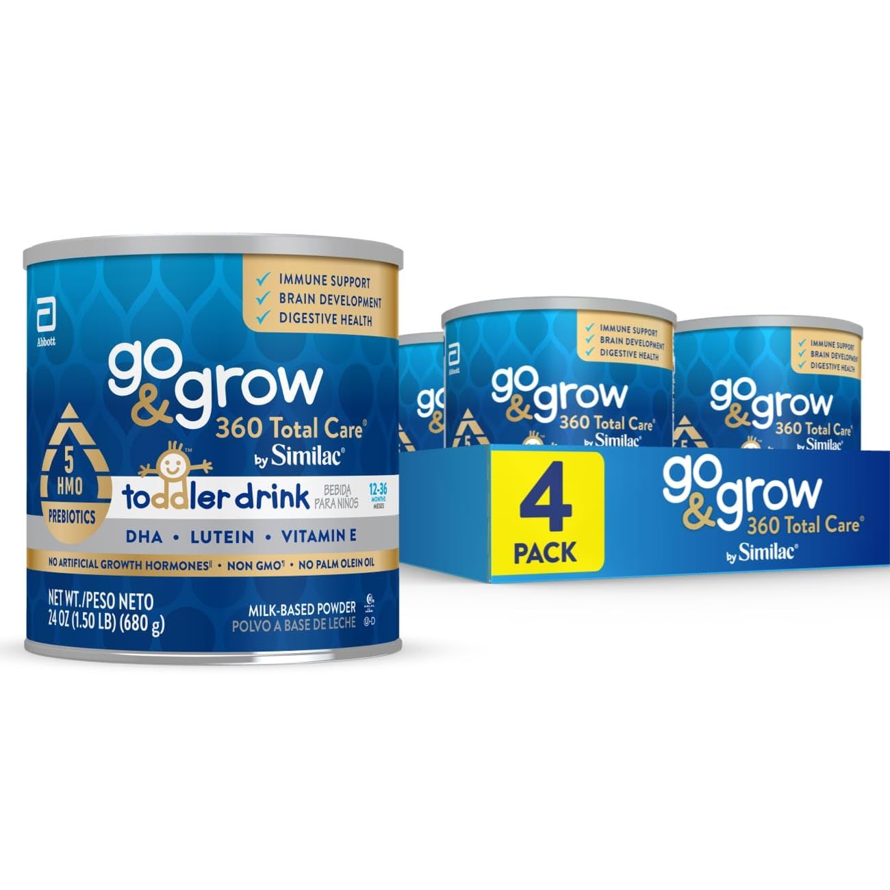 Similac Go &amp; Grow 360 Total Care by Similac Toddler Nutritional Drink With 5 HMOs,Powder,24-oz Can,Pack of 4