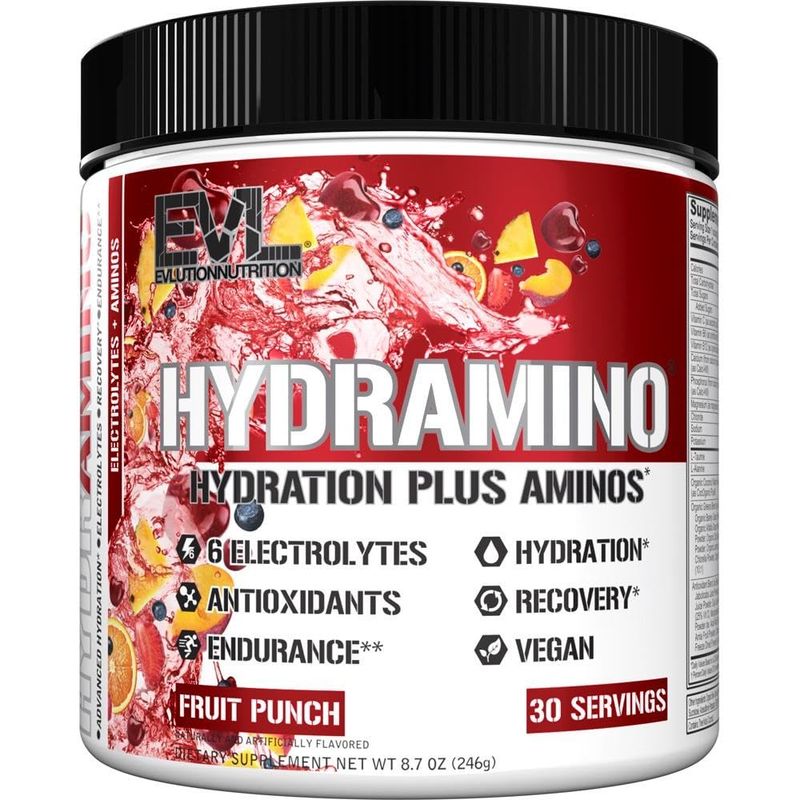 Evlution Nutrition HYDRAMINO Complete Hydration Multiplier, All 6 Electrolytes, Vitamin C &amp; B, Fluid Boosting Aminos, Coconut Water, Endurance, Recovery, Antioxidants, 30 Serve, Fruit Punch