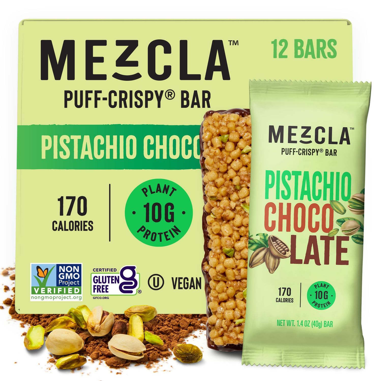 Mezcla Vegan Protein Bars, Gluten Free Snack Made with Dark Chocolate, Pea Protein, Pistachios and Other Premium Ingredients, Healthy Snacks, Pistachio Chocolate, 10g of Protein, 12 Pack