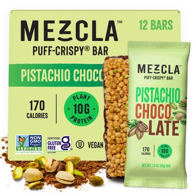 Mezcla Vegan Protein Bars, Gluten Free Snack Made with Dark Chocolate, Pea Protein, Pistachios and Other Premium Ingredients, Healthy Snacks, Pistachio Chocolate, 10g of Protein, 12 Pack