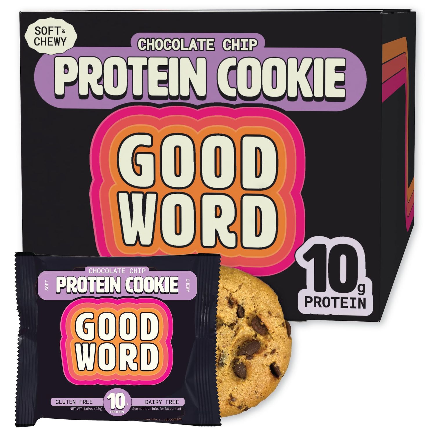 Chocolate Chip Protein Cookie, Soft &amp; Chewy, High Protein Snack, Gluten-Free, Grain-Free, Dairy-Free, No Seed Oils, No Refined Sugars, Made with Cashew Butter &amp; Collagen, 12-Pack