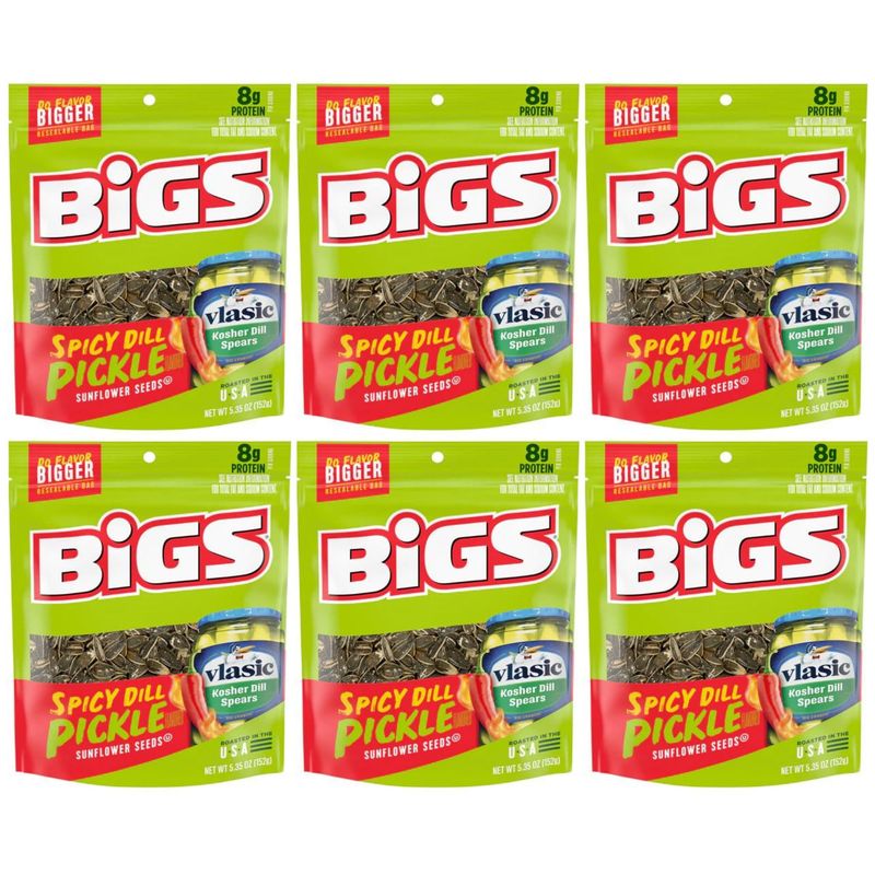 BIGS Vlasic Spicy Dill Pickle Flavored Sunflower Seeds (Pack of 6) 5.35 Oz - In Snack Mass Packaging