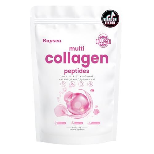 Boysea.Multi-Collagen Peptides Powder - Hydrolyzed Protein Peptide Types I, II, III, V, X with Biotin &amp; Vitamin C, Supports Skin, Hair, Nail, and Joint, Unflavored, Non-GMO, Gluten-Free, Easy Mix 1LB