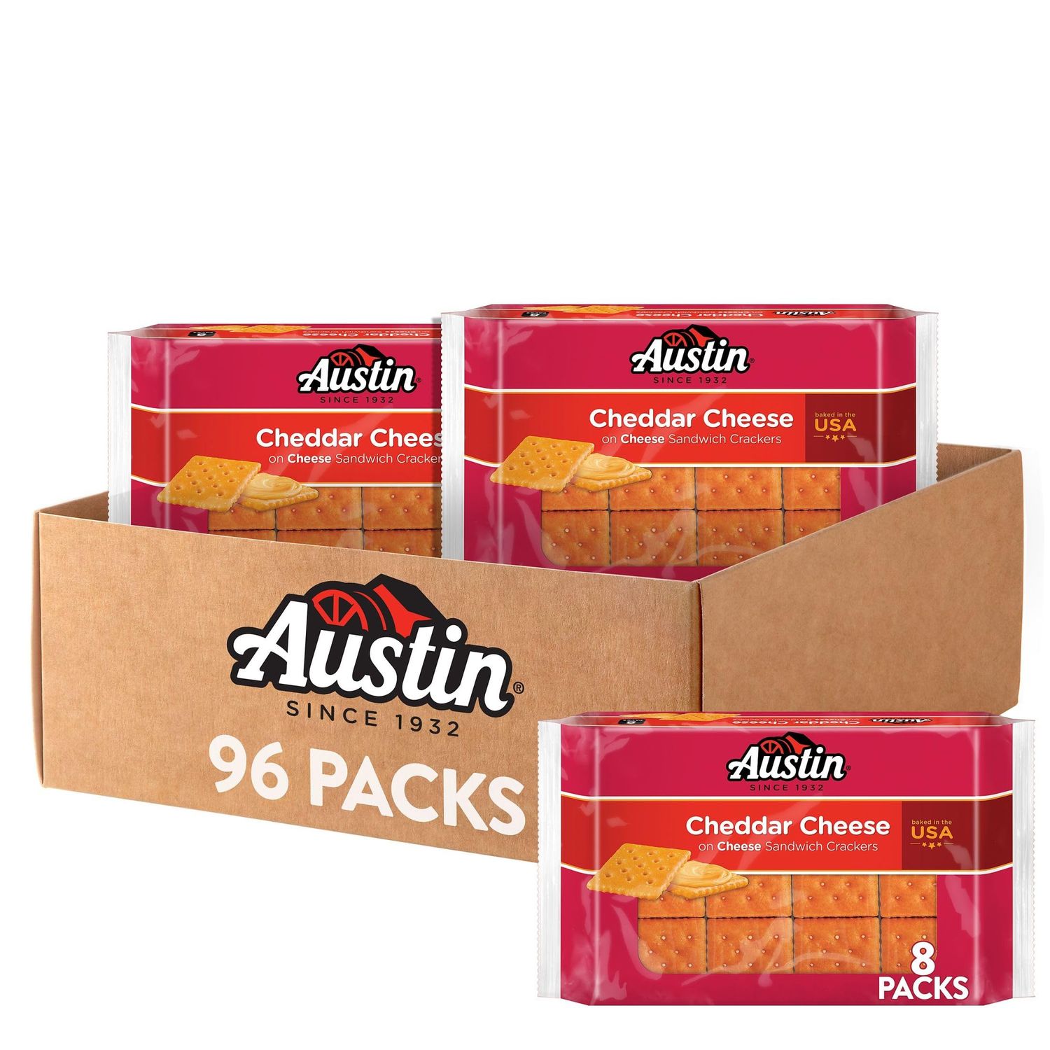 Austin Sandwich Crackers, Single Serve Snack Crackers, Office and Kids Snacks, Cheddar Cheese on Cheese (12 Trays, 96 Packs)