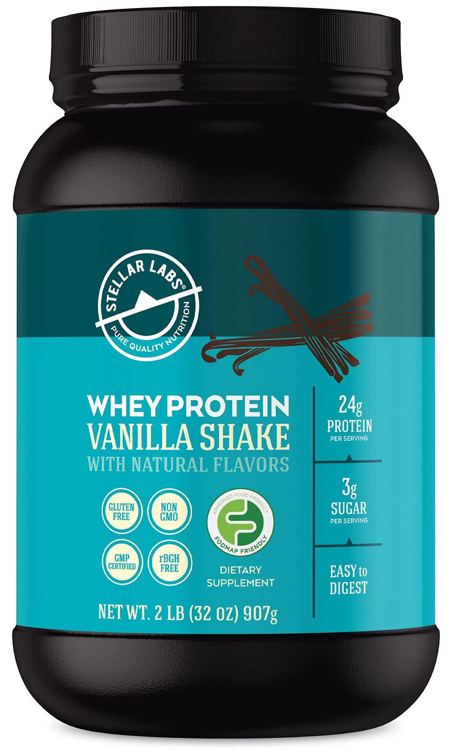 Stellar Labs Whey Protein Powder with BCAA&#39;s &amp; Whey Isolate  Certified Low FODMAP, Non GMO, Gluten Free, Soy Free, Low Carb, Keto, with Stevia  All Natural Lean Post Workout Shakes  Vanilla