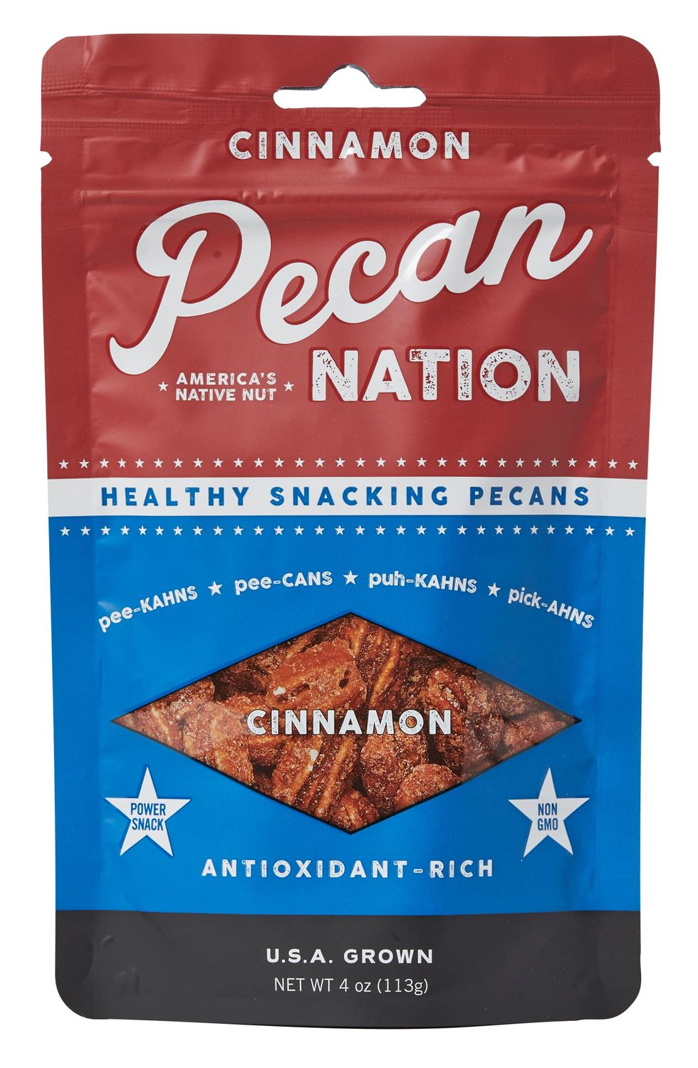 Pecan Nation Cinnamon Flavored Roasted Pecan Halves 4 oz., Natural, No preservatives, Antioxidant-Rich, Non-GMO, Healthy Nut Power Snack for Adults and Kids