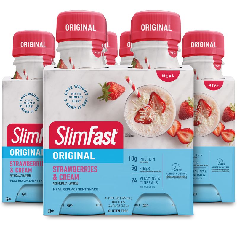SlimFast Meal Replacement Shake, Original Strawberries &amp; Cream, 10g of Ready to Drink Protein for Weight Loss, 11 Fl. Oz Bottle, 4 Count (Pack of 3) (Packaging May Vary)