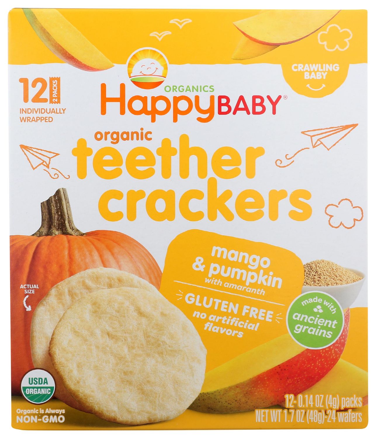 Happy Baby Organics Organic Teether Crackers Gluten Free Mango &amp; Pumpkin with Amaranth 12-0.14 oz Packs