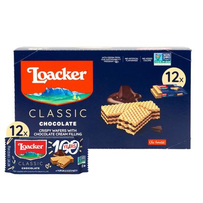 Loacker Classic Chocolate Wafers - Premium Crispy Wafer Cookies with Chocolate Cream Filling - Multipack of 12 Snack Packs - NON-GMO - Sustainably Sourced Cocoa - 45g/1.59oz, Pack of 12