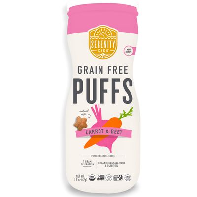Serenity Kids 6 Month Grain-Free Puffs Toddler &amp; Baby Snack - No Added Sugar - Gluten &amp; Rice Free - BPA &amp; Allergen Friendly w/Organic Cassava, Veggies &amp; Herbs - Carrot &amp; Beet - 6 Count