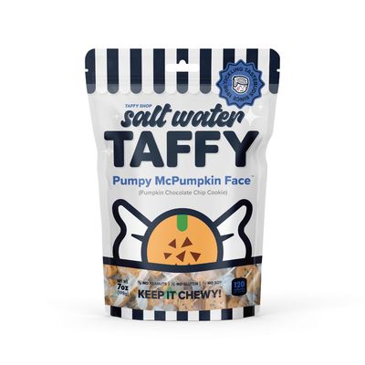 Taffy Shop Pumpy McPumpkin Face, Pumpkin Chocolate Chip Cookie Salt Water Taffy - Gourmet Soft Chewy Candy, Bulk Sweet Snack, Fresh Gift &amp; Gluten-Free, 35 Individually Wrapped Pieces (7oz)