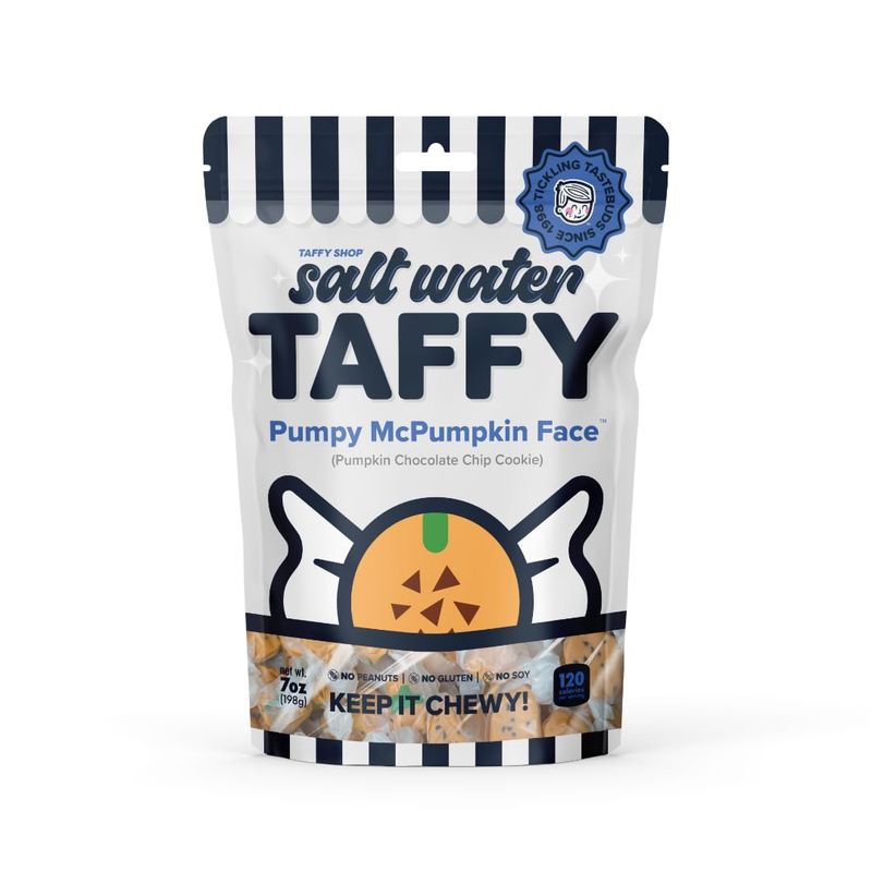 Taffy Shop Pumpy McPumpkin Face, Pumpkin Chocolate Chip Cookie Salt Water Taffy - Gourmet Soft Chewy Candy, Bulk Sweet Snack, Fresh Gift &amp; Gluten-Free, 35 Individually Wrapped Pieces (7oz)