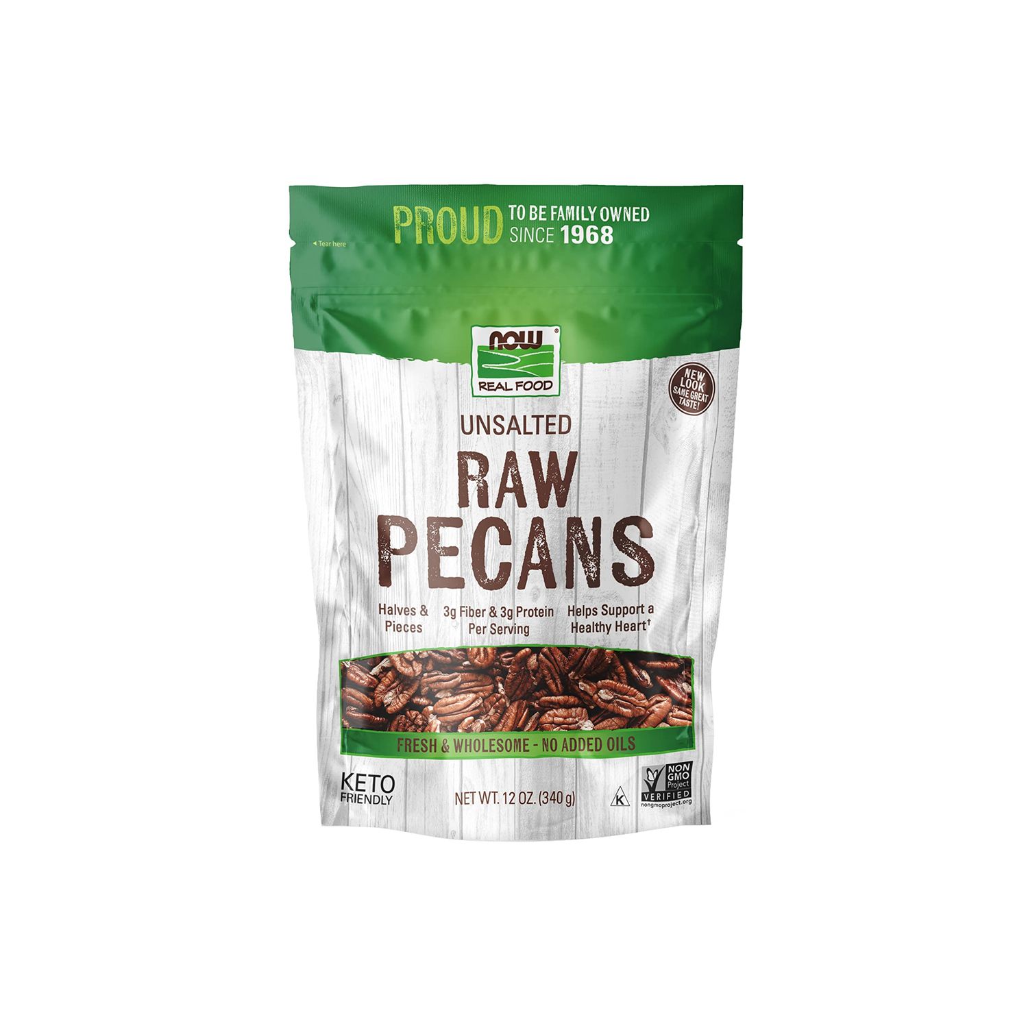 NOW Foods, Pecans, Raw and Unsalted, Halves and Pieces, Natural Source of Essential Fatty Acids, Grown in the USA, 12-Ounce (Packaging May Vary)