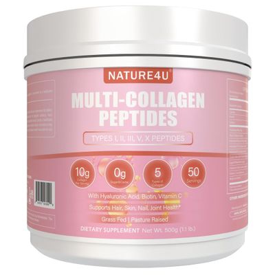 Nature4U Multi Collagen Peptides Powder 10g - Type I, II, III, V, X Hydrolyzed Collagen Protein Powder with Biotin, Hyaluronic Acid, Vitamin C for Hair, Skin, Nails &amp; Joint Support - Unflavored 1.1 lb