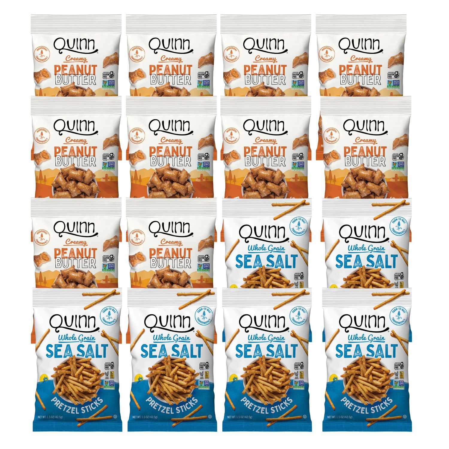 Quinn Pretzel Nuggets Single Serve Variety Pack - Made with Real Ingredients, Whole Grain Sorghum, Vegan, Gluten Free, Dairy Free, Non-GMO - (10) Peanut Butter, (6) Sea Salt Stick, 1.5 Oz (Pack of 16)