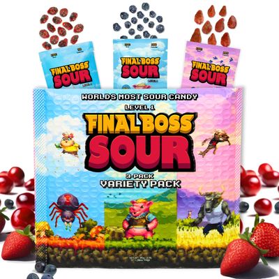 Final Boss Sour Candy Minipacks, Worlds Most Extreme Super Sour Snack Challenge, Free of Artificial Colors, Low Calorie Healthy Snack for Kids &amp; Adults - 3 Pack (Level 1)