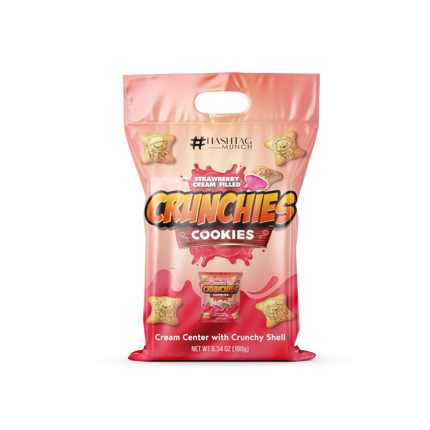 Crunchies Bear Design Premium Strawberry Cream Filling Crunchy Bite Size Cookies 12 Bags 0.52 Oz Individual Packets Fun Bulk Family Pack Snacks
