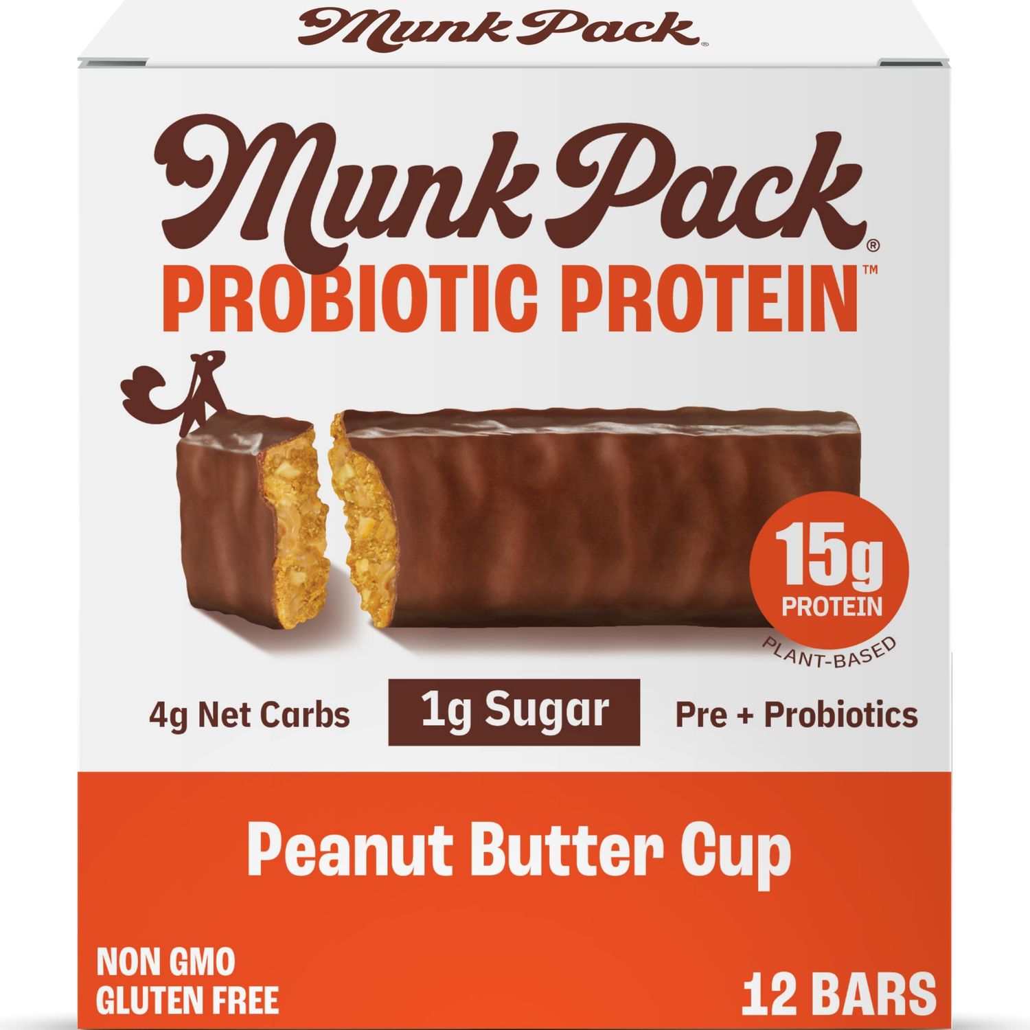 Munk Pack 15g Probiotic Protein Bars - 1g Sugar, 5g Net Carbs, Plant Based Gut Health Snack, Low Calorie and High Protein Snacks, Peanut Butter Cup - 12 Count