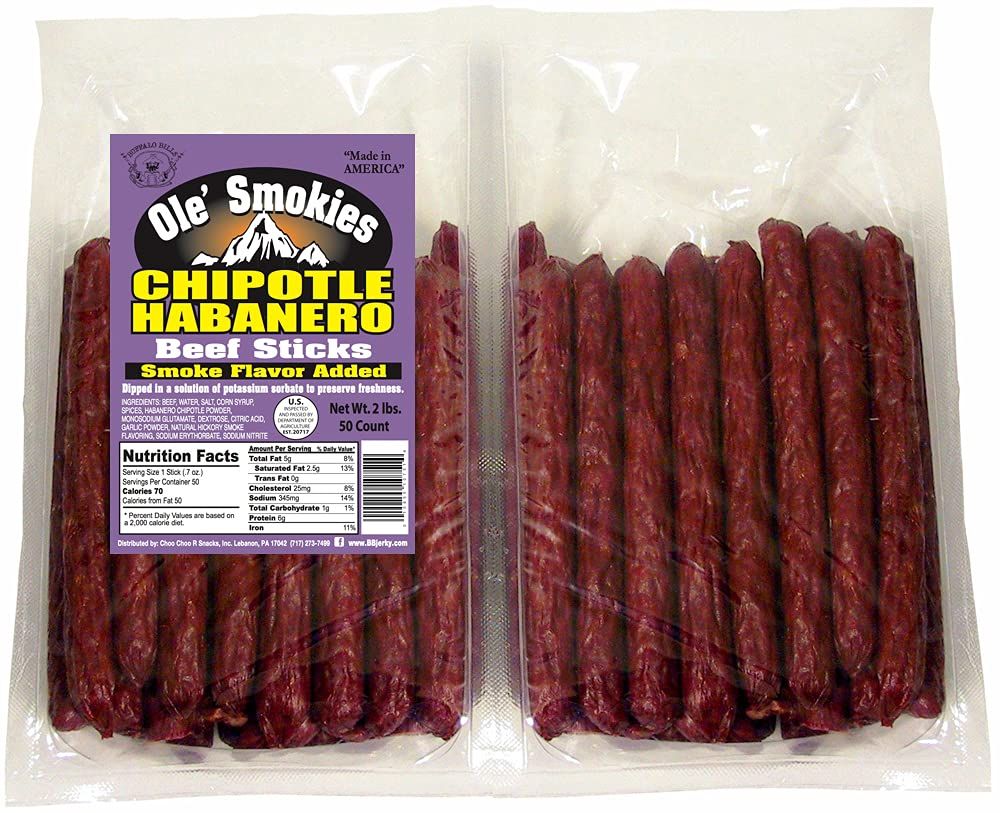 Buffalo Bills 2-lb Chipotle Habanero 5&quot; Ole&#39; Smokies Saddlebag (50 twist-end beef sticks)
