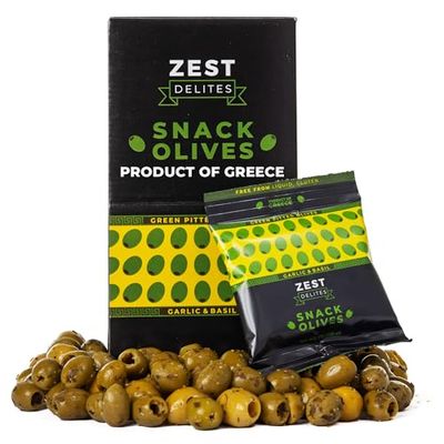 Pitted Greek Olives by Zest Delites, 100% Natural Pitted Green Olives from Greece, On-the-Go Individual Snack Packs, Marinated with Garlic&amp;Basil, 1.05 oz 12 Packs