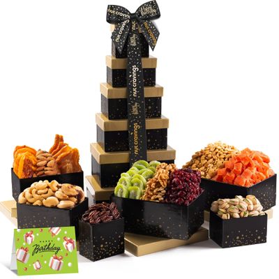NUT CRAVINGS Gourmet Collection - Happy Birthday Nuts &amp; Dried Fruits Tower Gift Basket with HB Ribbon (12 Assortments) Food Platter, Bday Care Package Tray, Healthy Kosher Snack