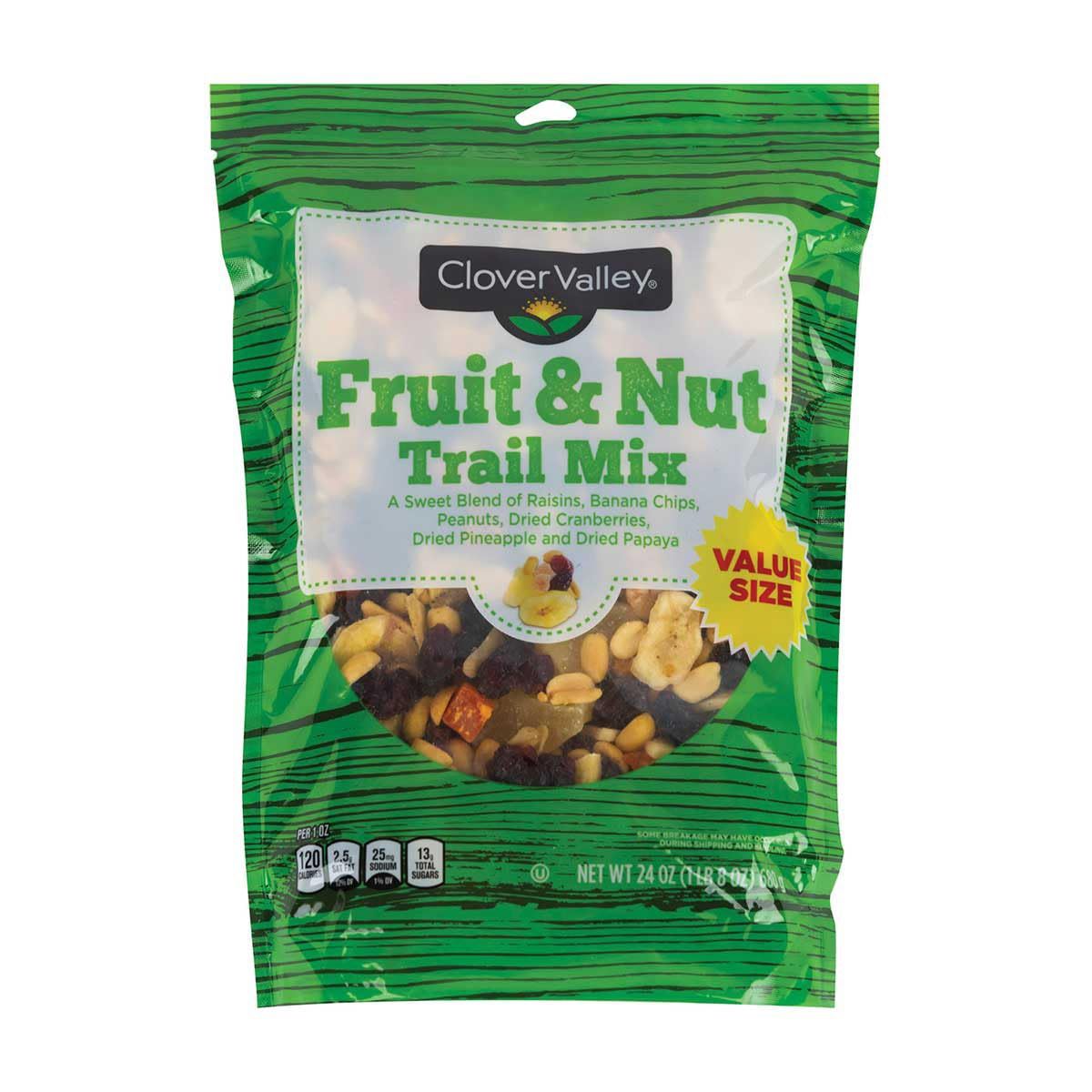 Clover Valley Fruit &amp; Nut Trail Mix in Re-sealable Bag 24 oz. Value Size Bag - Includes Raisins, Bananas, Dried Pineapples, Papaya, Cranberries, and Peanuts- Healthy Snack