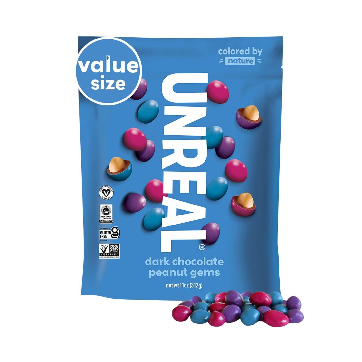 UNREAL Dark Chocolate Peanut Gems (Value Size Bag)  Vegan with Colors from Nature  Fair Trade, Non-GMO, &amp; Gluten Free Ingredients  No Sugar Alcohols or Soy  312grams