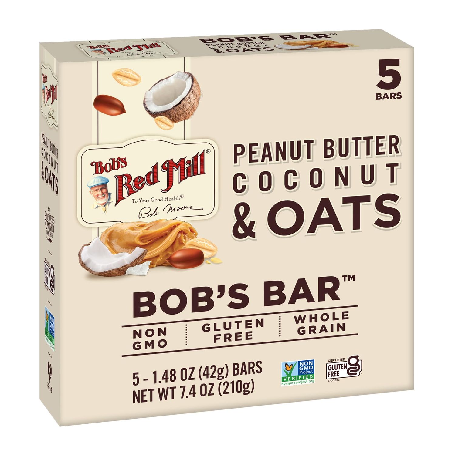 Bob&#39;s Red Mill 5pk PB Coconut &amp; Oats Bar, 5 bars (Pack of 1) - Non GMO, Gluten Free, Kosher