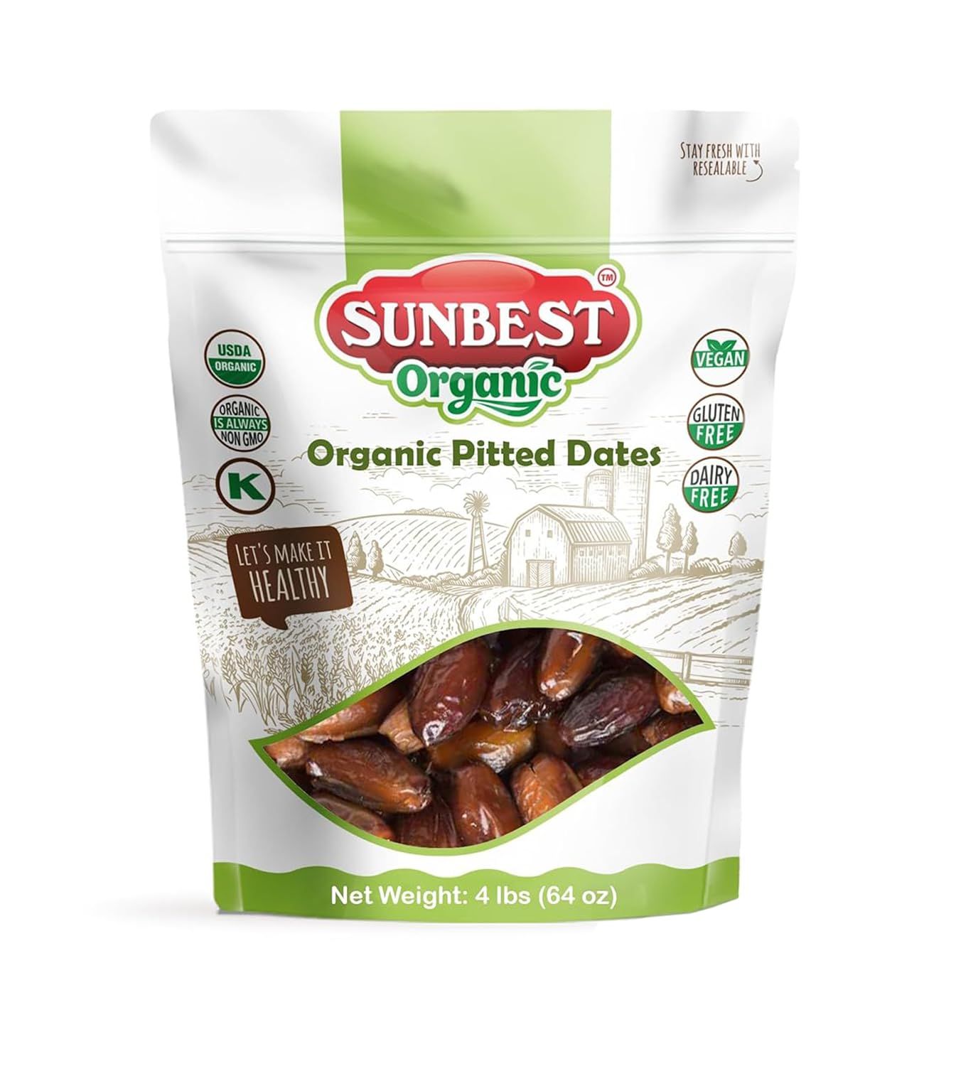 Sunbest Natural Sun-Dried Organic Dates, Pitted 64 oz (4 lbs) 1 Pack - Naturally Sweet and Chewy - Vegan, Kosher Certified, Non-GMO, No Sugar Added - Perfect Healthy Snack &amp; Recipe Enhancer