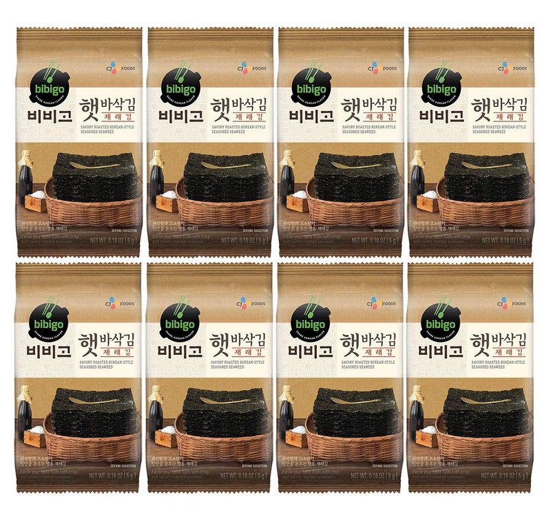 bibigo Roasted Seaweed Snack, Korean-Style Savory Seasoned with Salt and Sesame Oil, 5g (8-Pack)