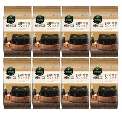 bibigo Roasted Seaweed Snack, Korean-Style Savory Seasoned with Salt and Sesame Oil, 5g (8-Pack)