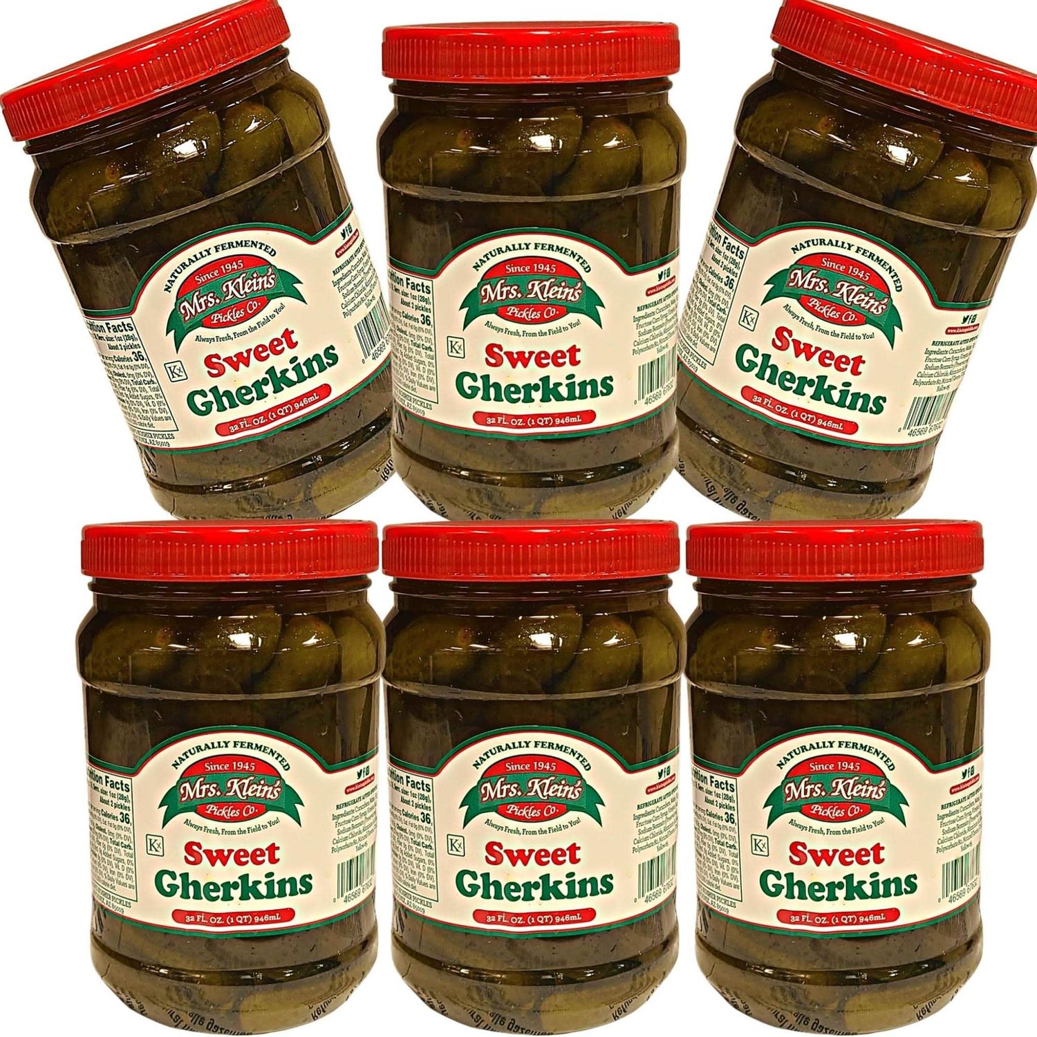 Mrs Kleins Sweet Cornichons Pickles  Gherkin pickles  perfect bite-sized tiny pickles for charcuterie board or antipasto platter  delicious vegan snack  Kosher  32 oz- 6 pack