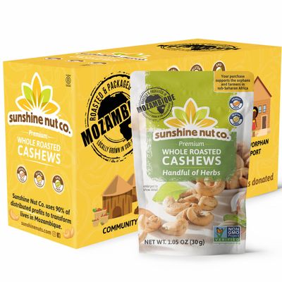 Sunshine Nut Co. Whole Roasted Lightly Salted Cashews, Handful of Herbs Flavor, 12-Pack, 1.05 oz. Each, Gluten Free, Peanut Free and Vegan Individual Snack Packs for Kids and Adults, GMO Free