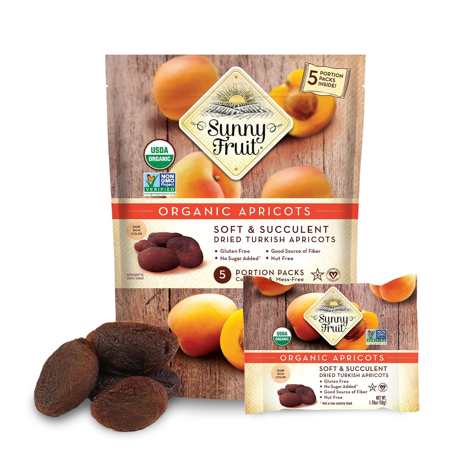 Sunny Fruit Soft Organic Turkish Dried Apricots - 1 Bag (5 Individual Portion Packs)  Healthy, Convenient Snack Packs  ORGANIC, NON-GMO, VEGAN, HALAL, KOSHER, NO PRESERVATIVES, NO SUGAR ADDED