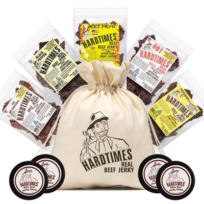 Hardtimes Beef Jerky - Variety, Specialty Gift Bag - Great Gift for Father&#39;s Day, Holiday, &amp; Birthday - 5 Pack of 2.25 oz Bags Original, Black Pepper, Hot, Teriyaki, &amp; Sweet Heat - 4 Jerky Chews