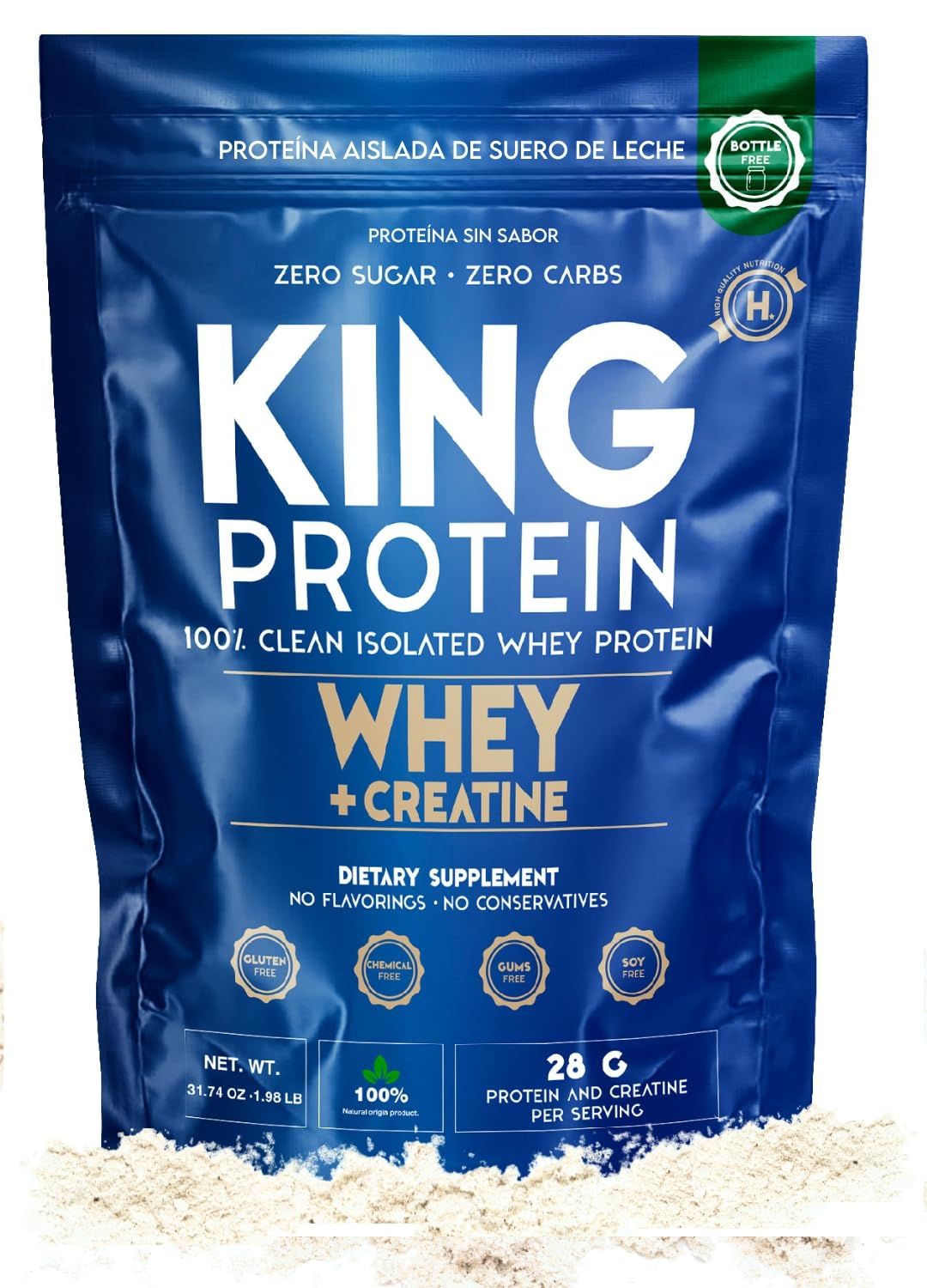 KING Protein Clean Unflavored Whey Isolate Protein Powder with Creatine  23g plus 5g Creatine &amp; Organic BCAA per Serving  100% Natural  No Carbs  Preservatives, GMO, Soy &amp; Gluten Free, 30 Servings