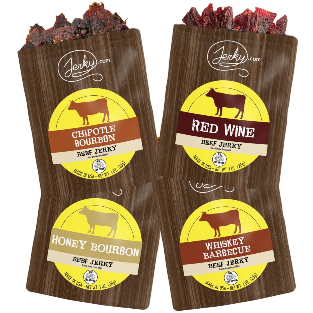 Jerky.com Booze Jerky Sampler - Featuring Chipotle Bourbon, Red Wine, Whiskey BBQ, Honey Bourbon Beef Jerky - Great Gift for Men (4 Flavors - 1 oz. bags)