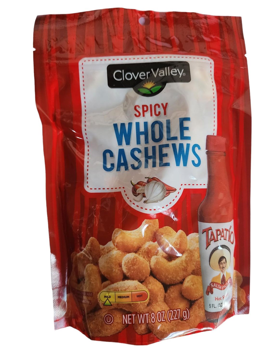 Clover Valley Mild Hot &amp; Spicy Whole Cashews 8 Oz Bag Nuts, Snack, Protein Rich, Tapatio Salsa Picante Hot Sauce Flavor