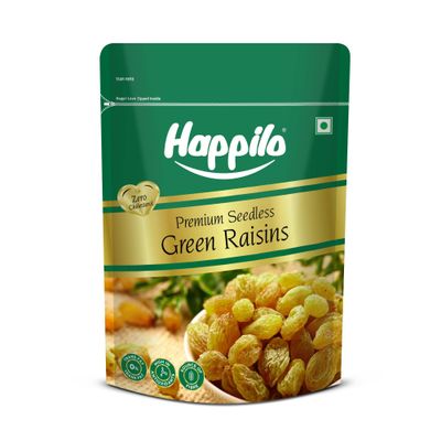 Happilo Premium Seedless Green Raisins 500G Value Pack, Kishmish, Nutritious, Rich In Iron &amp; Vitamin B 500 G (Pack Of 1) Raisins