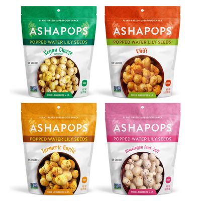 AshaPops Variety Pack Popped Water Lily Seeds - Gluten Free  Vegan  Paleo  Kosher OU Soy Free  1 oz  (Pack of 4 Bags)