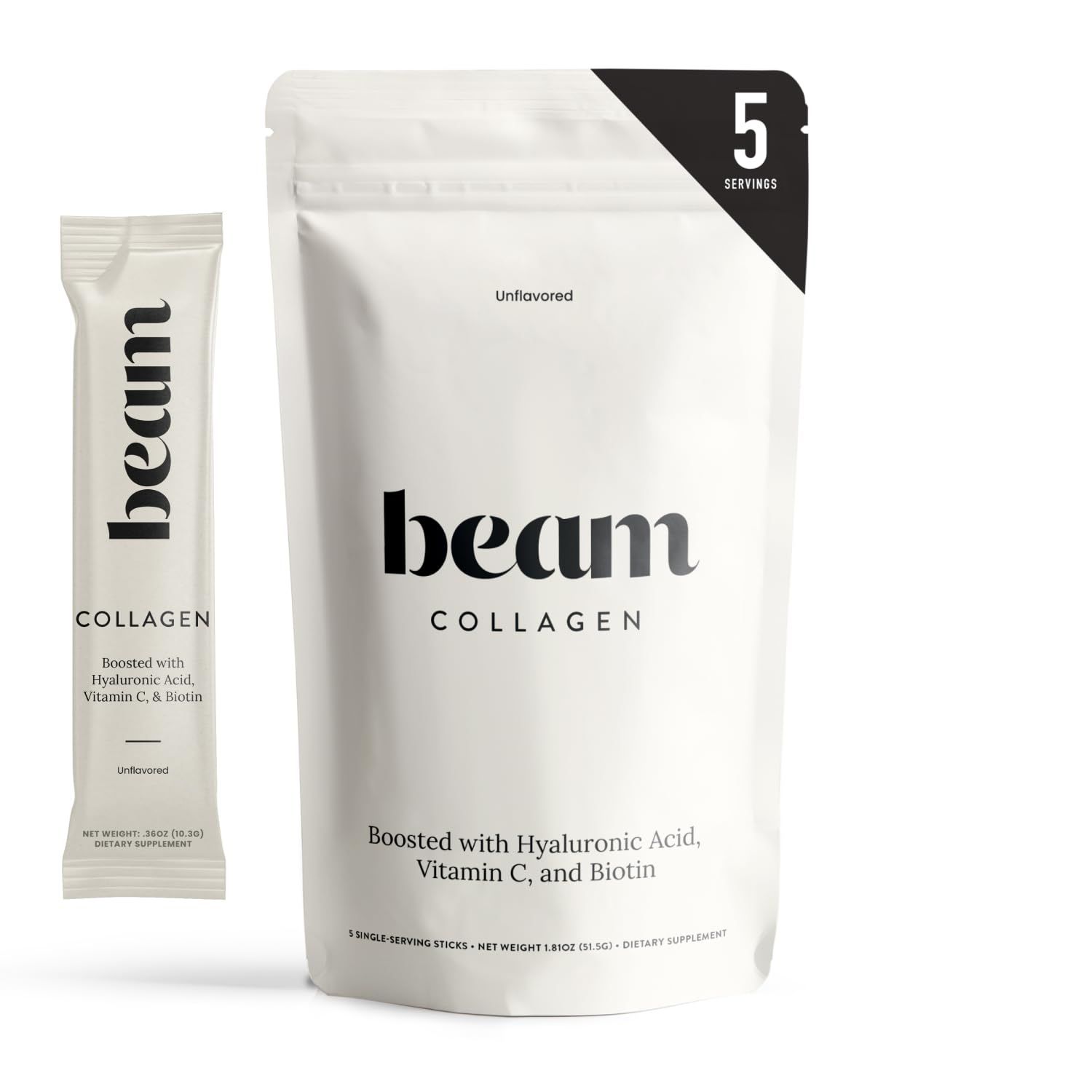 Beam Collagen Powder, Collagen Peptides for Women &amp; Men, Grass Fed Collagen Supplements with Biotin, Protein and Hyaluronic Acid, Hair, Skin, Nail &amp; Joint Support, Gluten Free, Sugar Free, 5 Servings